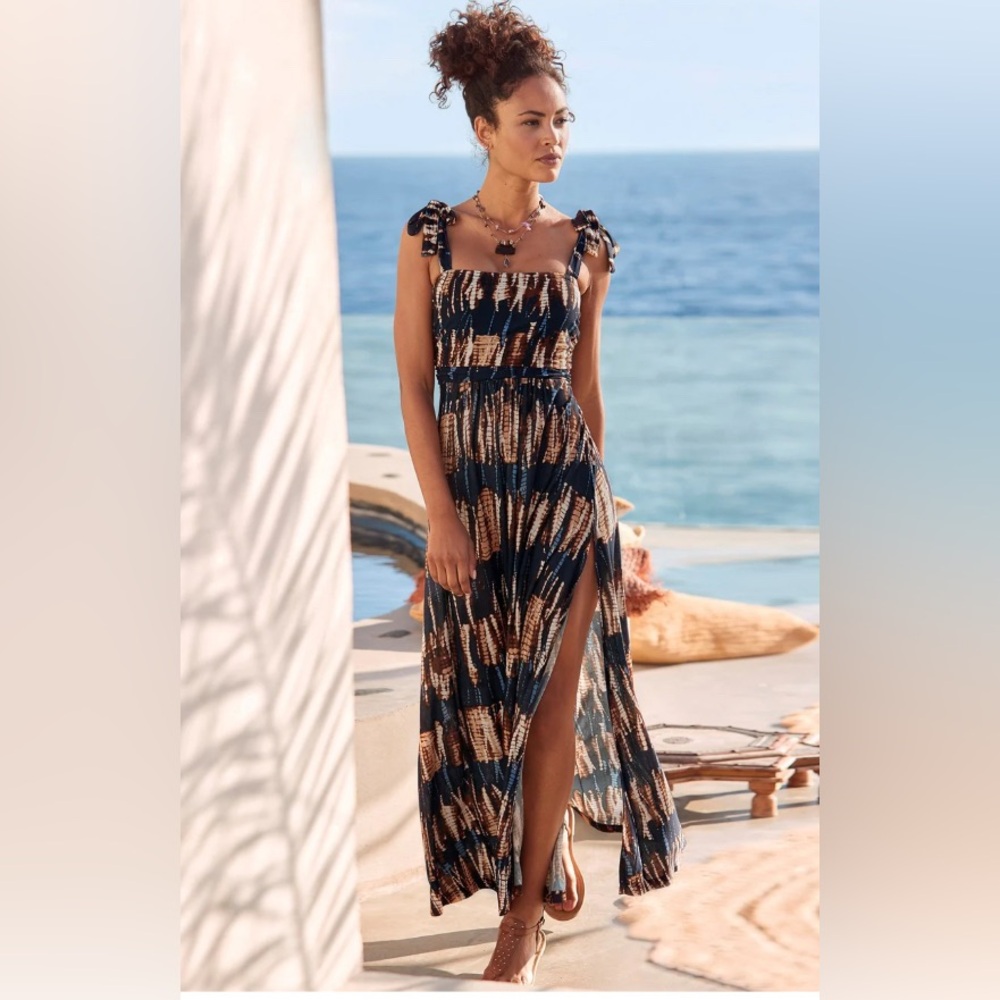 NWT LASCANA Women's Tie Strap Slit Maxi Navy Multi Dress